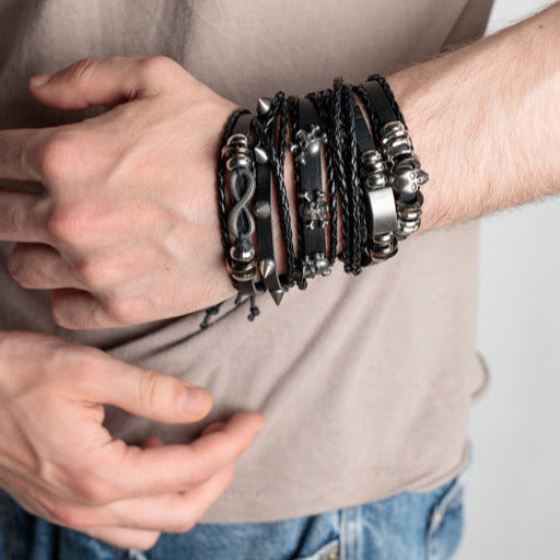 Bransoletka „Wiking” ze skóry z czaszką, regulowana, zestaw MANNOR