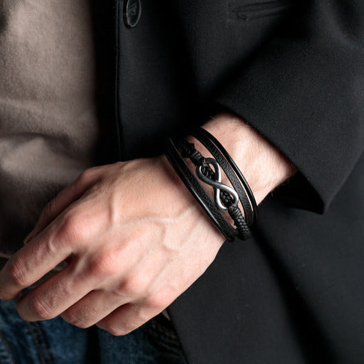 Bransoletka „Nieskończoność”, wielowarstwowa plecionka, czarna skóra, MANNOR